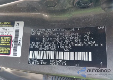 2007 Toyota Tundra Sr5 V8 из США, поврежденный, VIN 5TFRV54187X013301